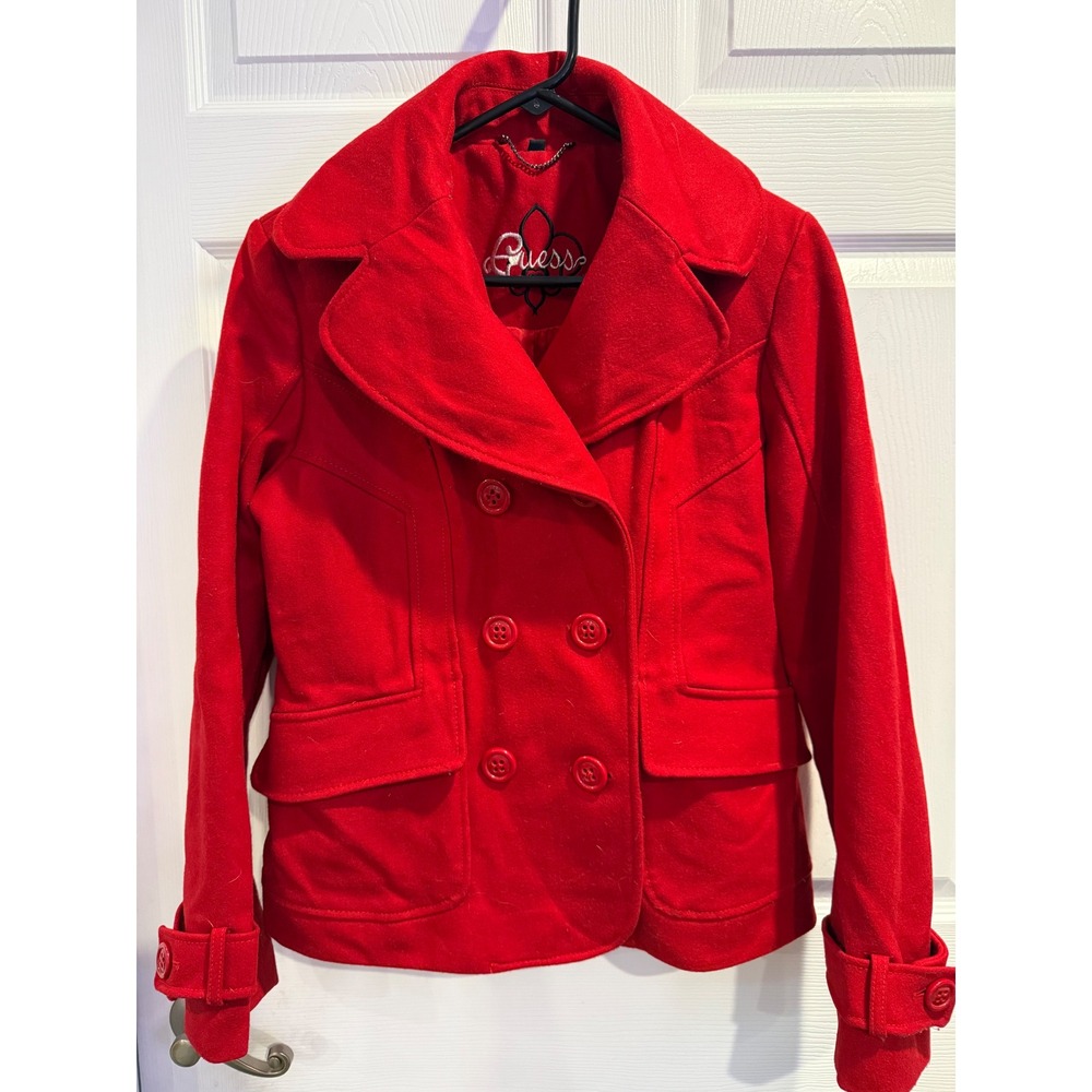 Guess Womens Red Double Breasted Pea Coat Jacket Size‎ XS